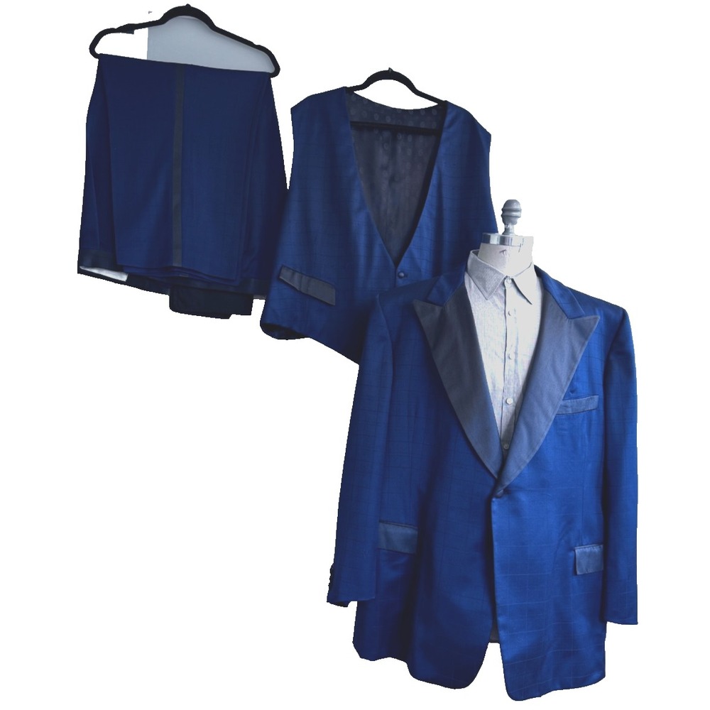 Lou Myles Men's 52 Navy Blue Tuxedo 3‎ Piece Suit Vest 47x28 Satin Trim VTG